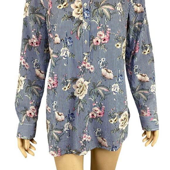 Talbots Button-Up Blouse Size Medium Top Floral Blue & White Pink - Picture 7 of 8